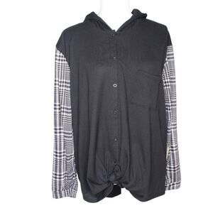 Paper & Tee Black White Plaid Long Sleeve Hooded Top 2x